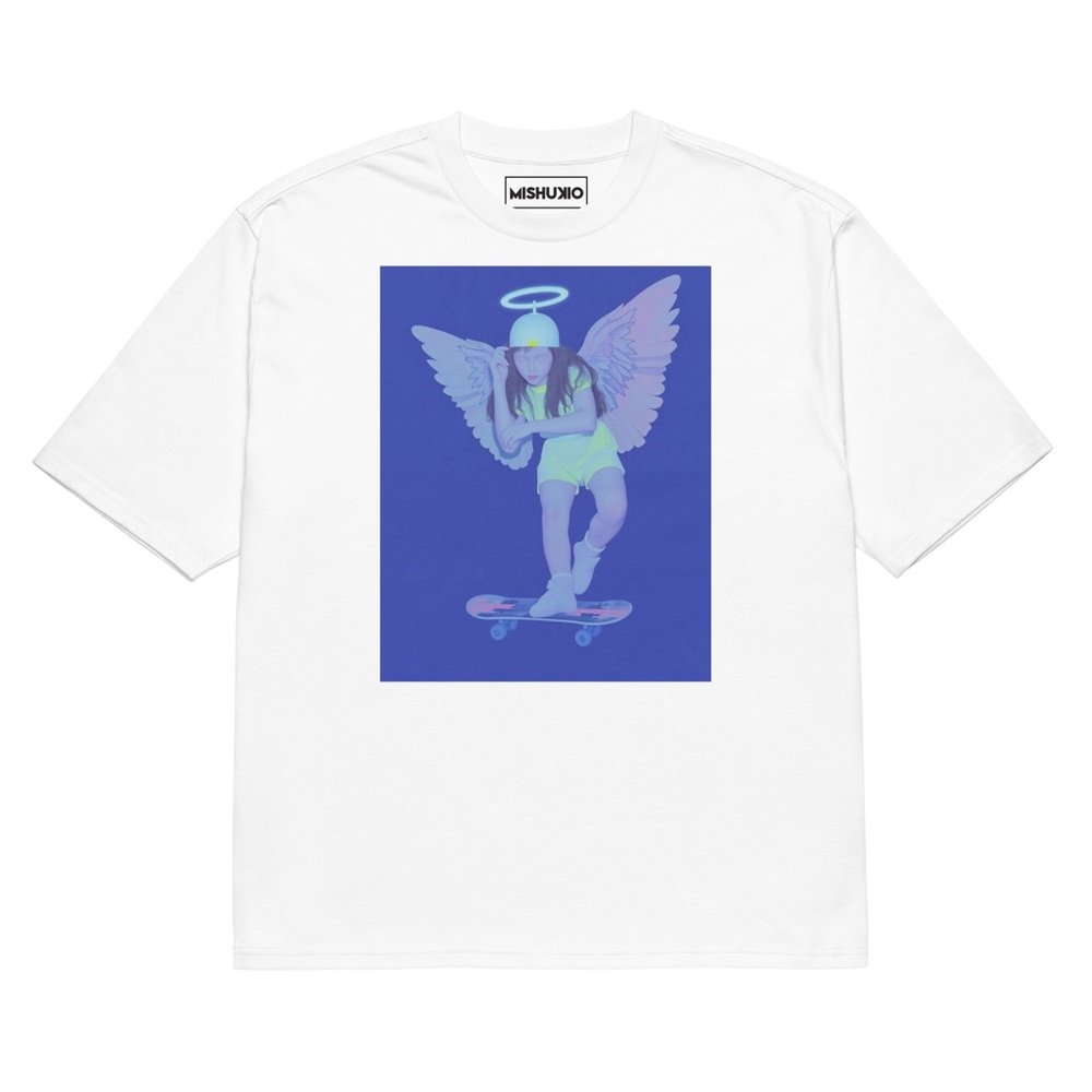 White T-Shirt with Angel Skateboard Graphic